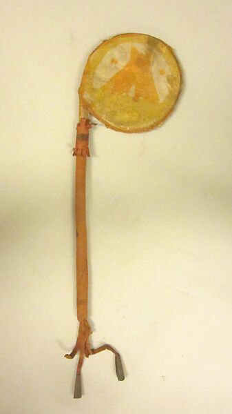 Rattle, Hide, wood, pebbles(?), cord, tin, buckskin, polychrome, Native American (Apache, probably)
