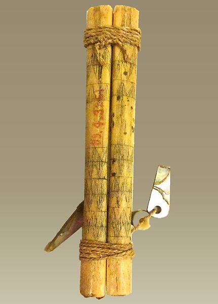 Li-Bu (double dance whistle), eagle bone, cord, resin, abalone shell, Native American (Yuki)