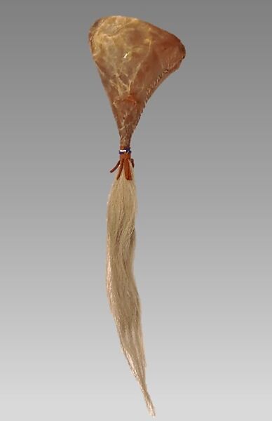 Bladder Rattle, animal bladder, buckskin, beads, horsehair, sinew, pebbles, red stain, Native American (Apache, probably) 