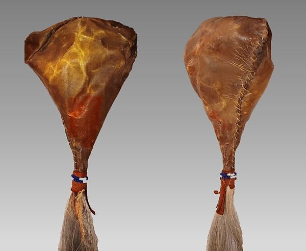 Bladder Rattle, animal bladder, buckskin, beads, horsehair, sinew, pebbles, red stain, Native American (Apache, probably)