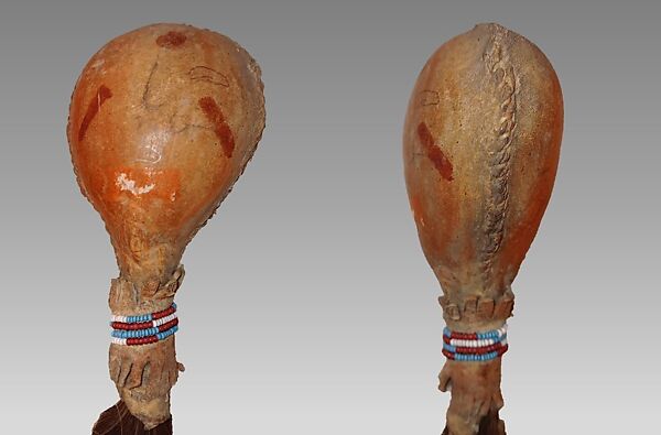 Rattle, horse hair, buckskin, beads, hide, pebbles or pellets, paint, Native American (Apache, probably)
