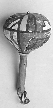 Rattle, Gourd, wood, pebbles or pellets, cloth, paint., Native American (Zuni)