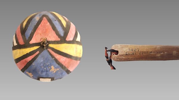 Rattle, Gourd, wood, pebbles or pellets, cloth, paint., Native American (Zuni)