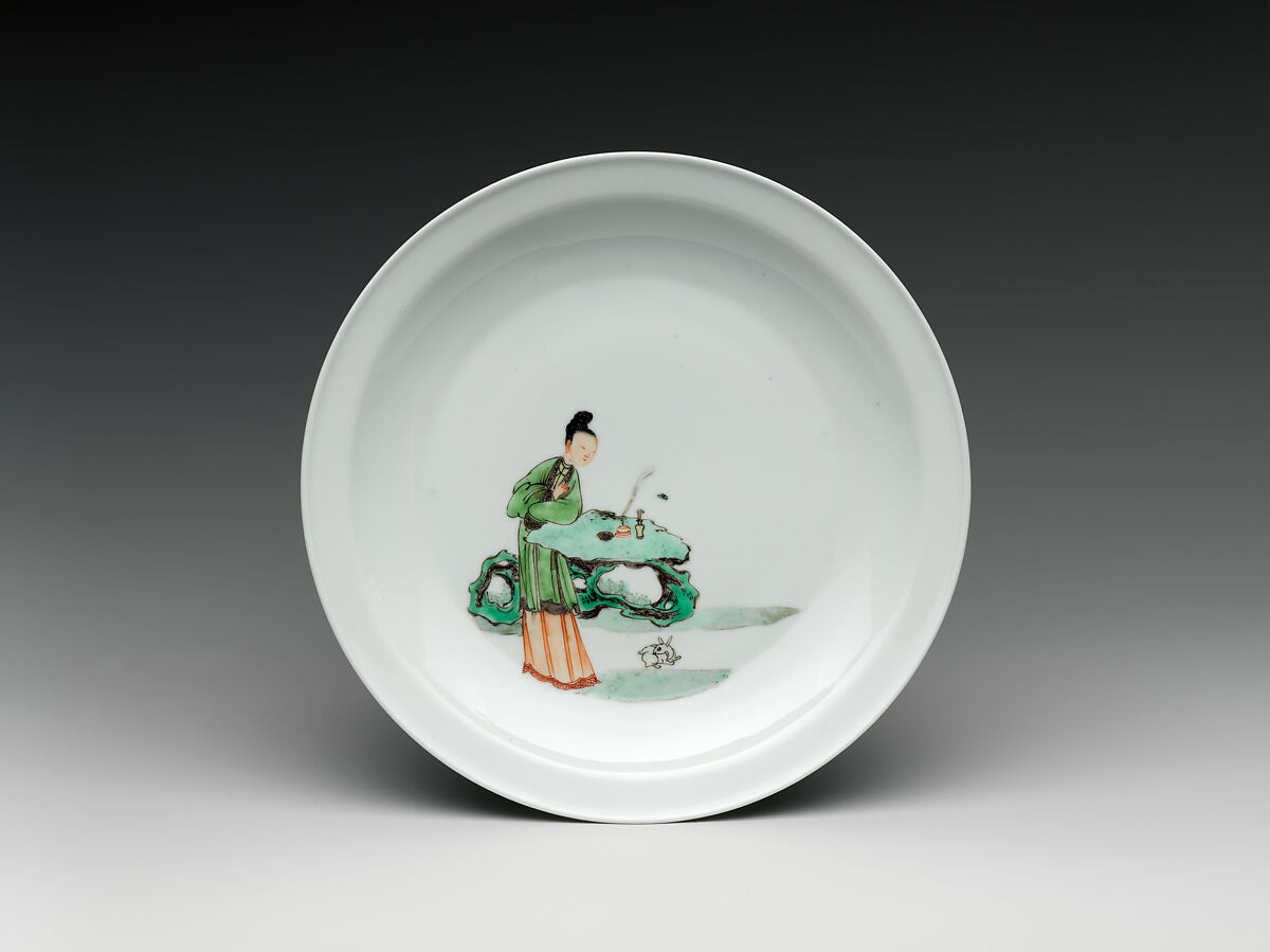 Dish with woman and rabbit in a garden, Porcelain painted in overglaze polychrome enamels (Jingdezhen ware), China 