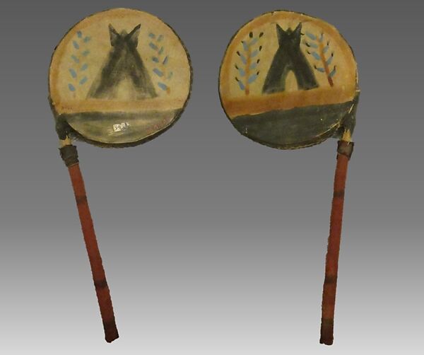 Disc Rattle, Wood, hide, pebble, polychrome, Native American (Apache or Siouan?) 