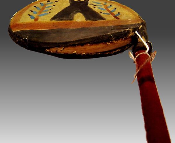 Disc Rattle, Wood, hide, pebble, polychrome, Native American (Apache or Siouan?)