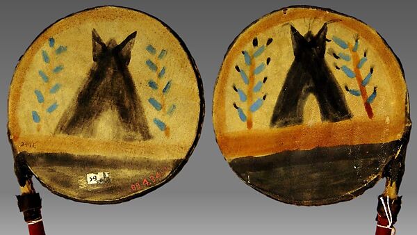 Disc Rattle, Wood, hide, pebble, polychrome, Native American (Apache or Siouan?)