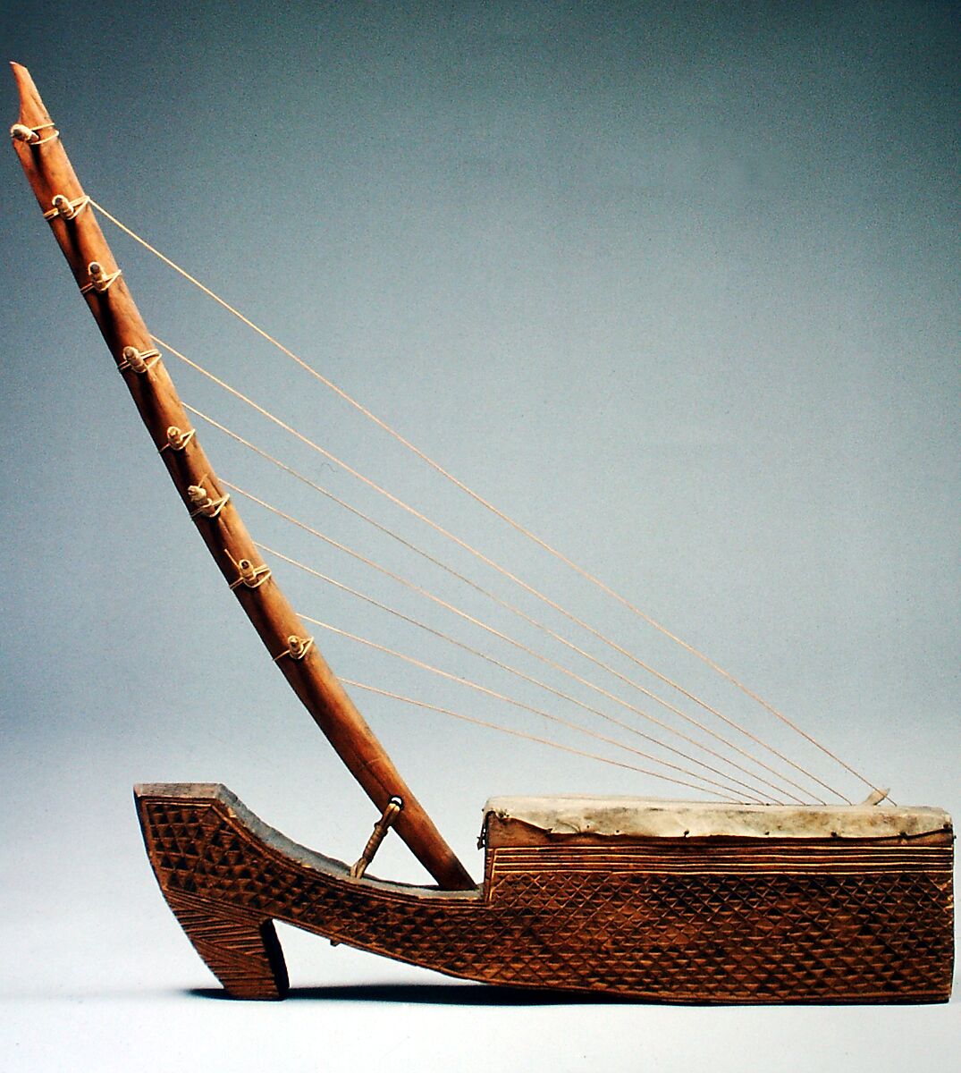 Ngombi (arched Harp), Wood, skin, vegetable fiber, leather, Fang/Kele people