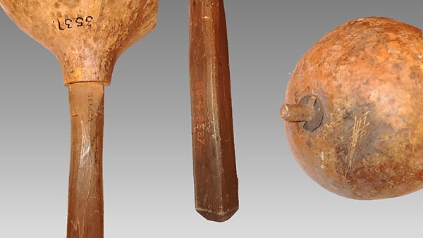 Negá Ne Gá  Ah Gus Táh We Seh (rattle), Gourd, wood, leather, pebbles, Native American (Seneca, Tonawanda band)