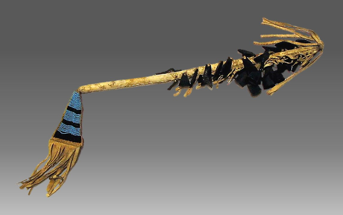 Rattle, Wood, horn, beads, leather, Native American (Chippewa - Ojibwe) 