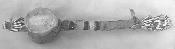 Rattle, wood, metal, rawhide, glass beads, cloth, varnished paper?, Native American (Navajo, possibly)