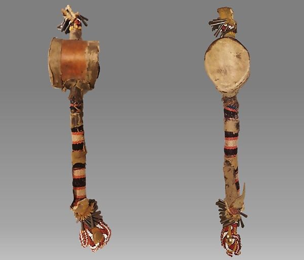 Rattle, wood, metal, rawhide, glass beads, cloth, varnished paper?, Native American (Navajo, possibly) 