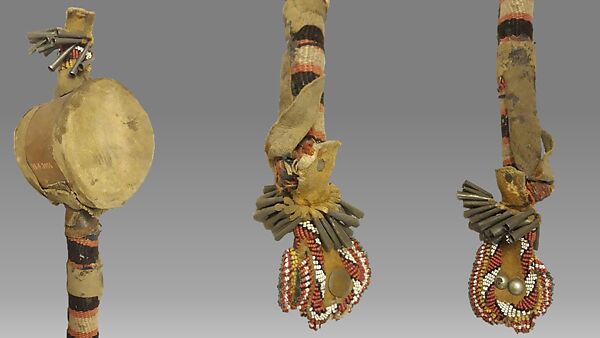 Rattle, wood, metal, rawhide, glass beads, cloth, varnished paper?, Native American (Navajo, possibly)