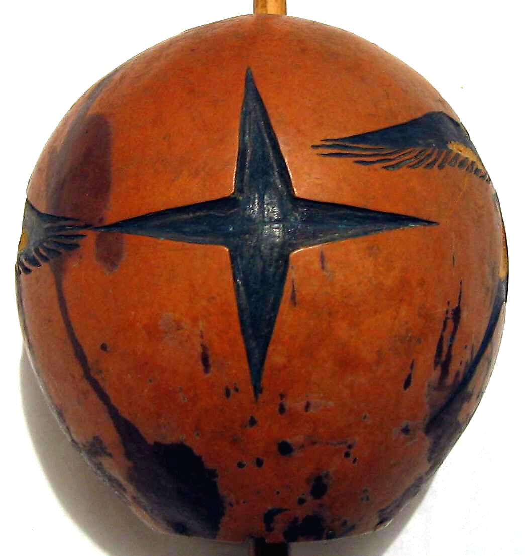 Rattle, Gourd, wood, glass pellets, Native American (Arapaho)