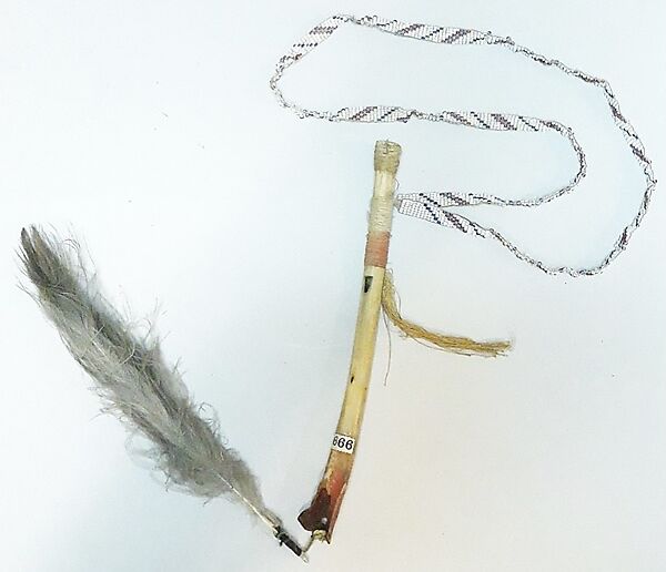 Bone Whistle, bird (eagle) bone, feather, beadwork, thread, pitch or wax, Native American (Shoshone or Sioux) 