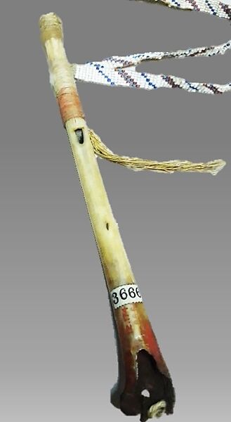 Bone Whistle, bird (eagle) bone, feather, beadwork, thread, pitch or wax, Native American (Shoshone or Sioux)