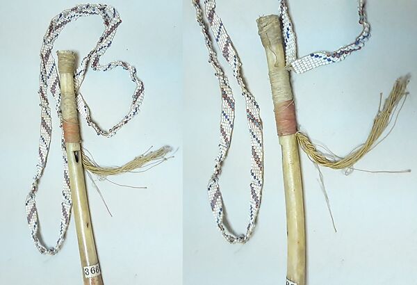 Bone Whistle, bird (eagle) bone, feather, beadwork, thread, pitch or wax, Native American (Shoshone or Sioux)
