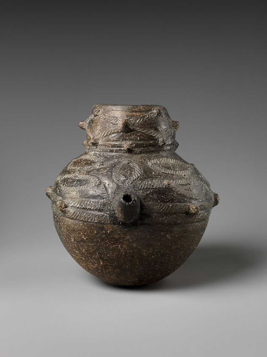 Spouted Vessel, Earthenware with carved and cord-marked decoration (Tohoku region, Tokoshinai 5 type), Japan