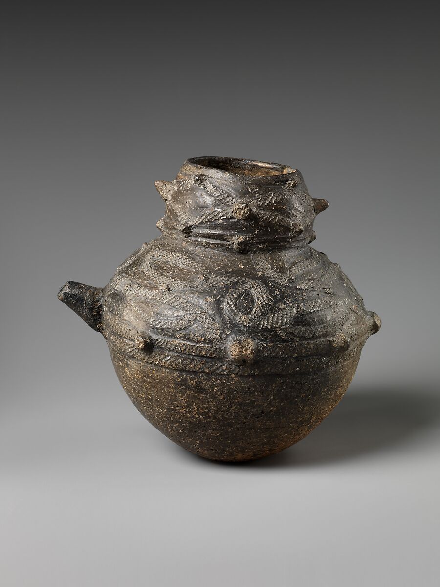 Spouted Vessel, Earthenware with carved and cord-marked decoration (Tohoku region, Tokoshinai 5 type), Japan 