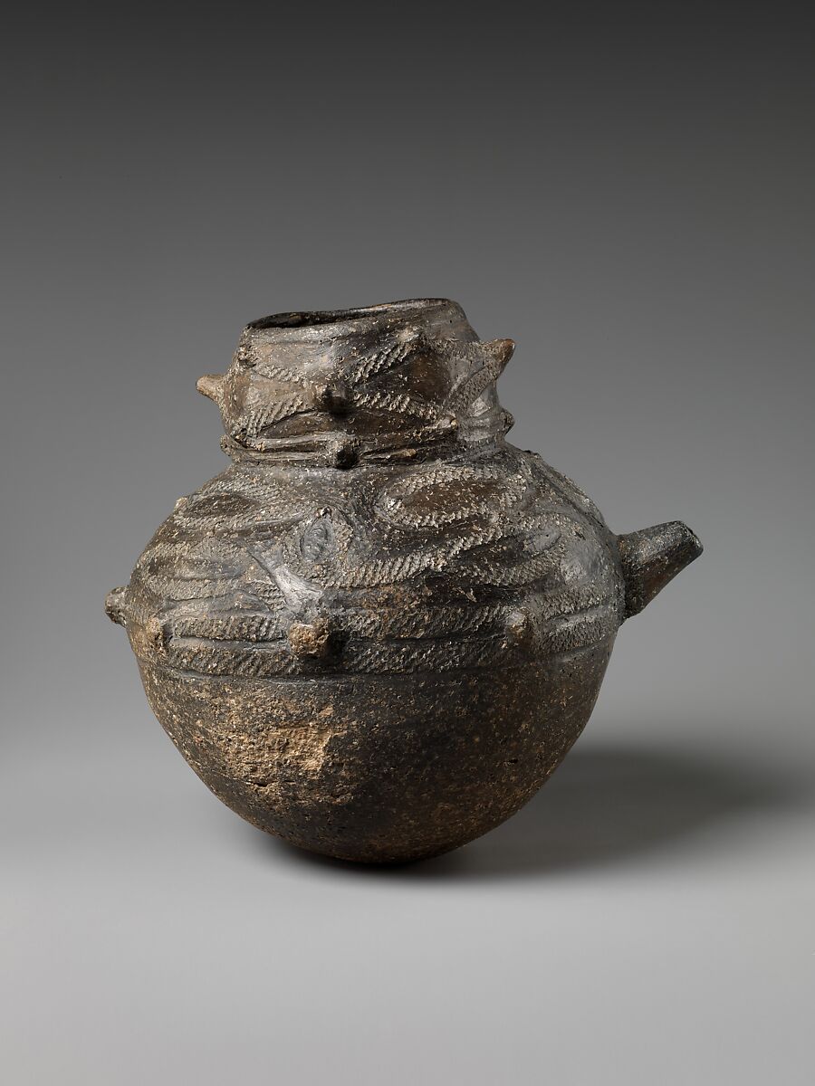 Spouted Vessel, Earthenware with carved and cord-marked decoration (Tohoku region, Tokoshinai 5 type), Japan