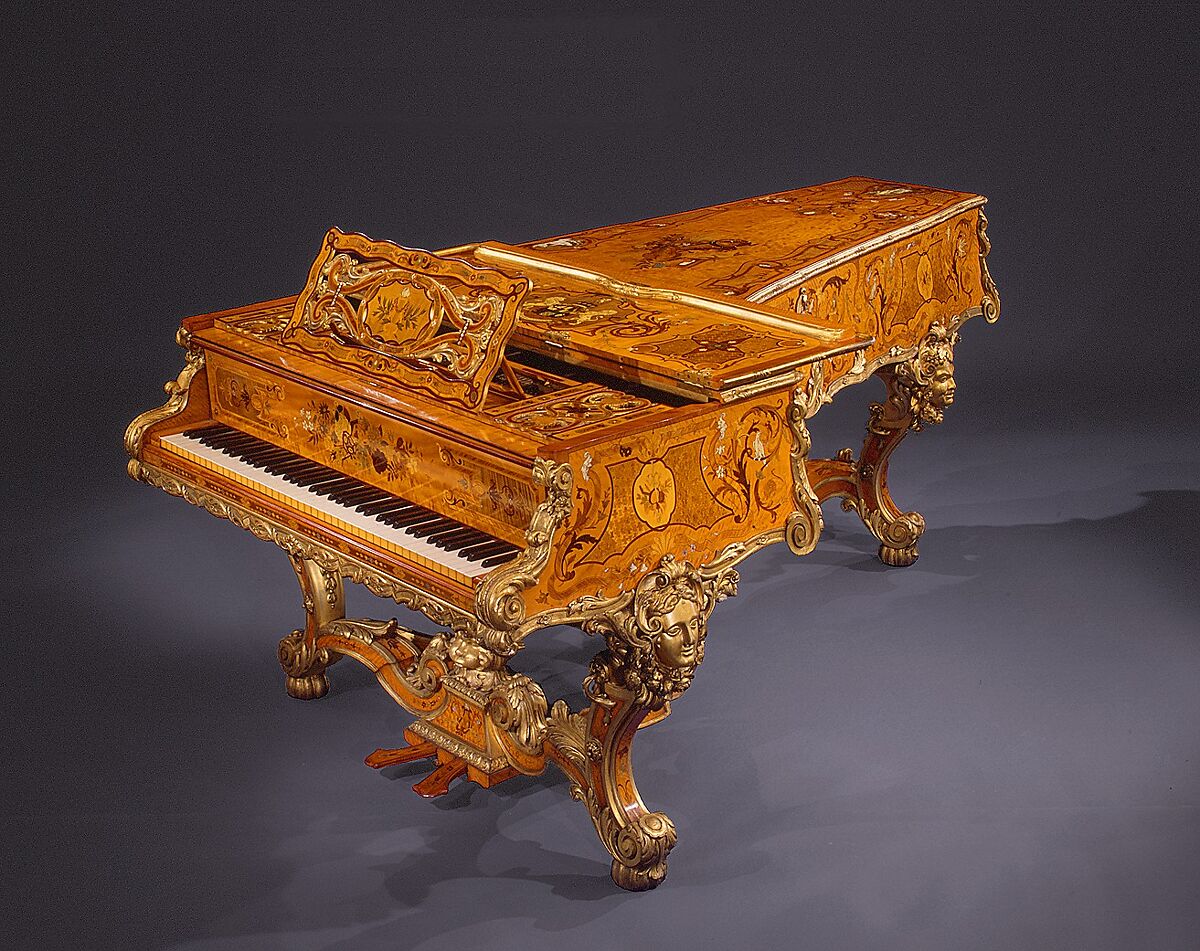 Grand Pianoforte, Érard (French, ca. 1780–1959)  , made in London, Satinwood veneer, oak, spruce, iron, steel, ebony, ivory, gilding, mother-of-pearl, holly, mahogany, burl walnut, tulipwood, silver wire, British