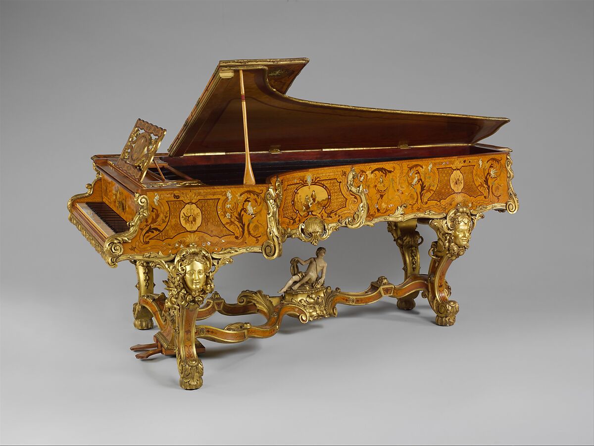 Grand Pianoforte, Érard (French, ca. 1780–1959)  , made in London, Satinwood veneer, oak, spruce, iron, steel, ebony, ivory, gilding, mother-of-pearl, holly, mahogany, burl walnut, tulipwood, silver wire, British 