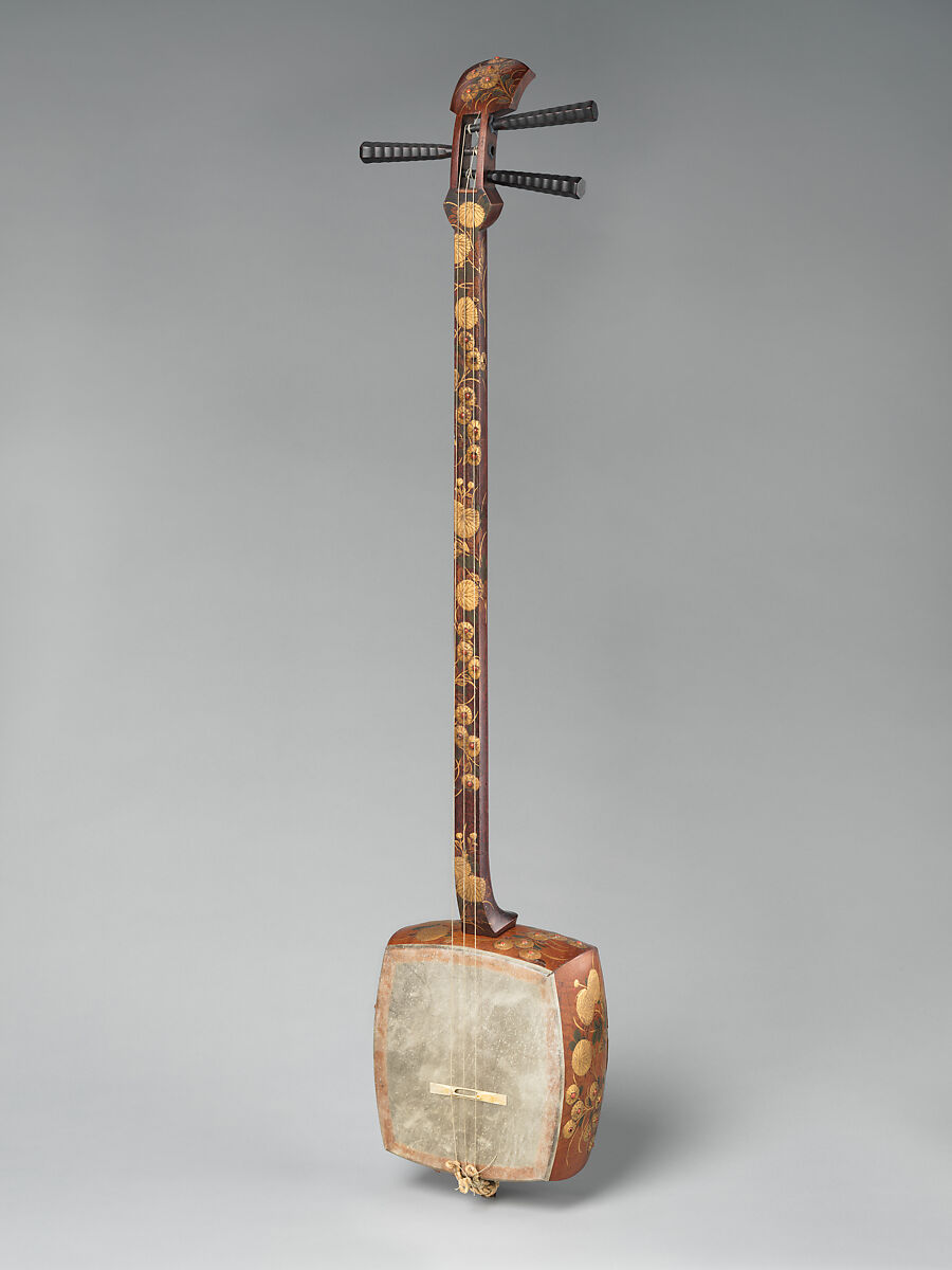 Shamisen, Takechi Matsukawa for, Wood, catskin, rope, silk string, lacquer, red coral, Japanese