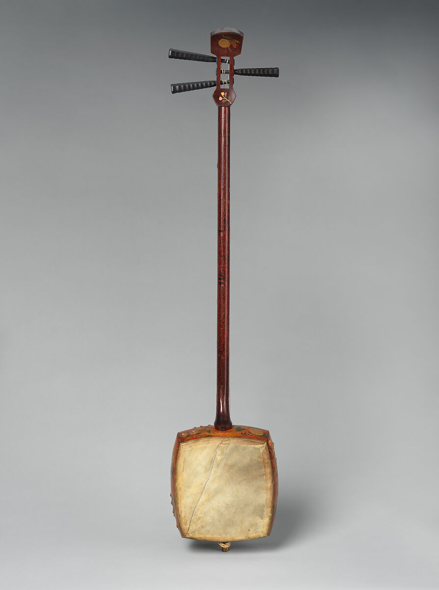 Shamisen, Takechi Matsukawa for, Wood, catskin, rope, silk string, lacquer, red coral, Japanese