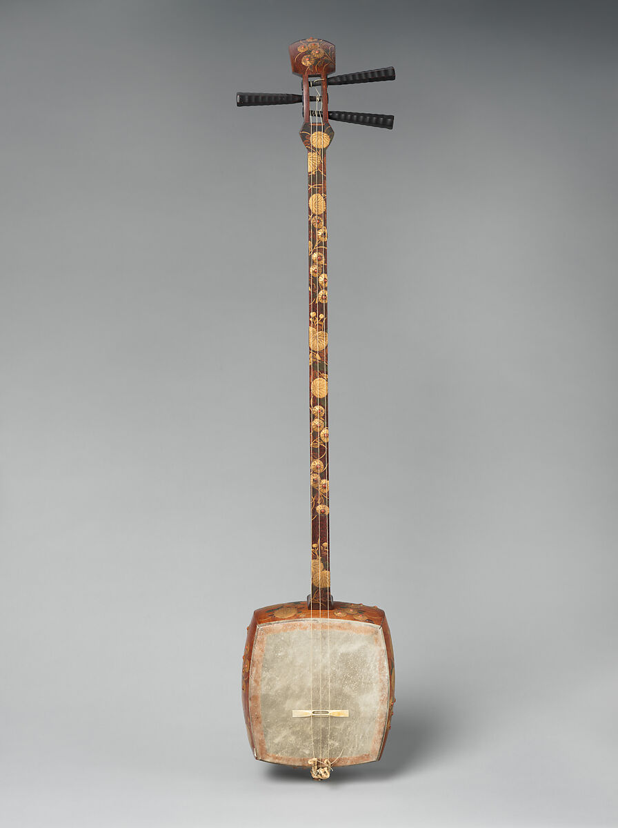 Shamisen, Takechi Matsukawa for, Wood, catskin, rope, silk string, lacquer, red coral, Japanese 