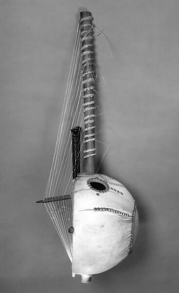 Kora, Mamadou Kouyaté (d. 1991)  (bridge by Djimo Kouyaté), Gourd, goat skin, antelope-hide, ebony, metal, wood, Mandinka people, Senegambia