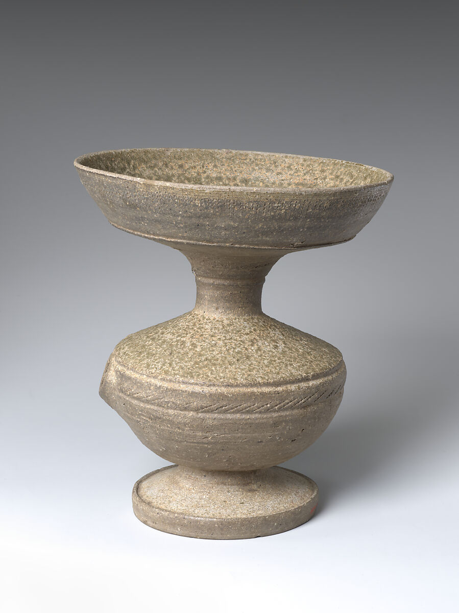 Vessel with Straw Hole, Stoneware with natural ash glaze and incised decoration (Sue ware), Japan