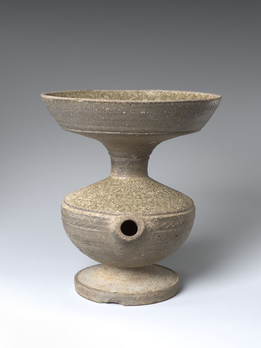 Vessel with Straw Hole, Stoneware with natural ash glaze and incised decoration (Sue ware), Japan
