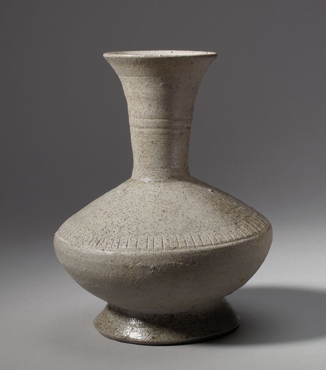 Long-Necked Bottle, Stoneware with natural ash glaze and incised decoration (Sue ware), Japan