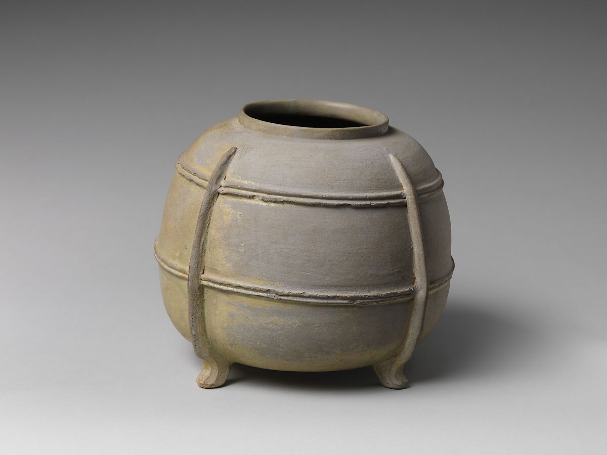 Four-Legged Jar (Yonsoku-tsubo), Stoneware with green glaze and relief decoration (Sanage ware), Japan