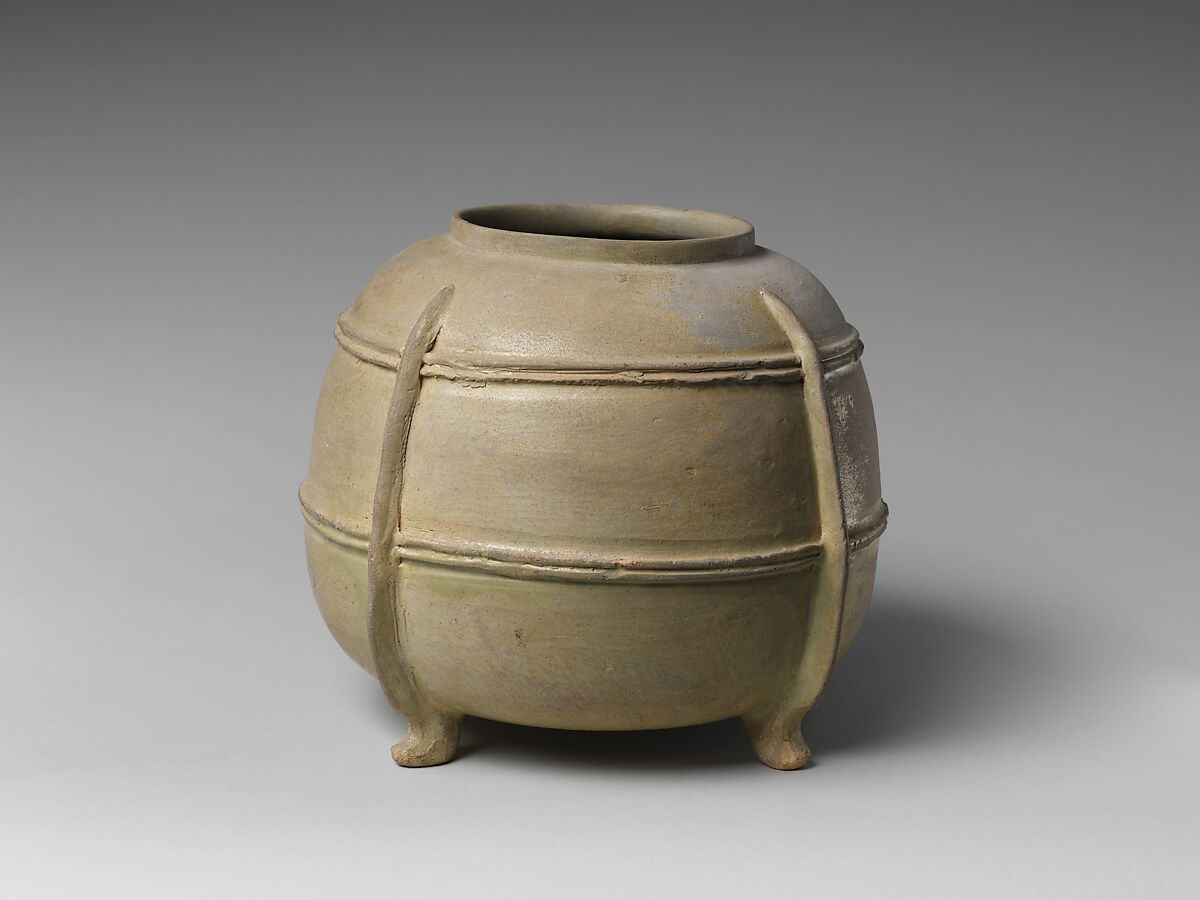 Four-Legged Jar (Yonsoku-tsubo), Stoneware with green glaze and relief decoration (Sanage ware), Japan