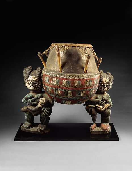 Drum, Wood, polychrome, skin, trade beads, plastic, Akan Ashanti people