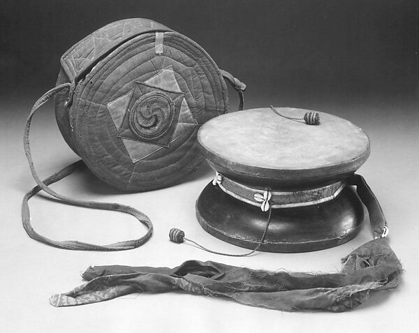 Damaru, Shells sewn on wood, skin, cloth, shell, horn, Tibetan 