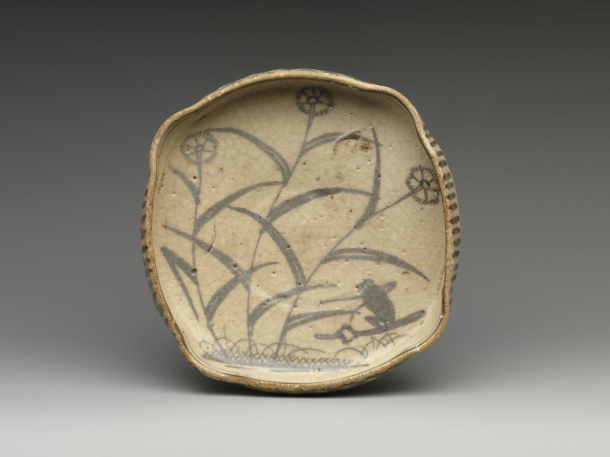 Dish with Bird-and-Flower Design, Stoneware with underglaze iron decoration (Mino ware, Shino style), Japan 
