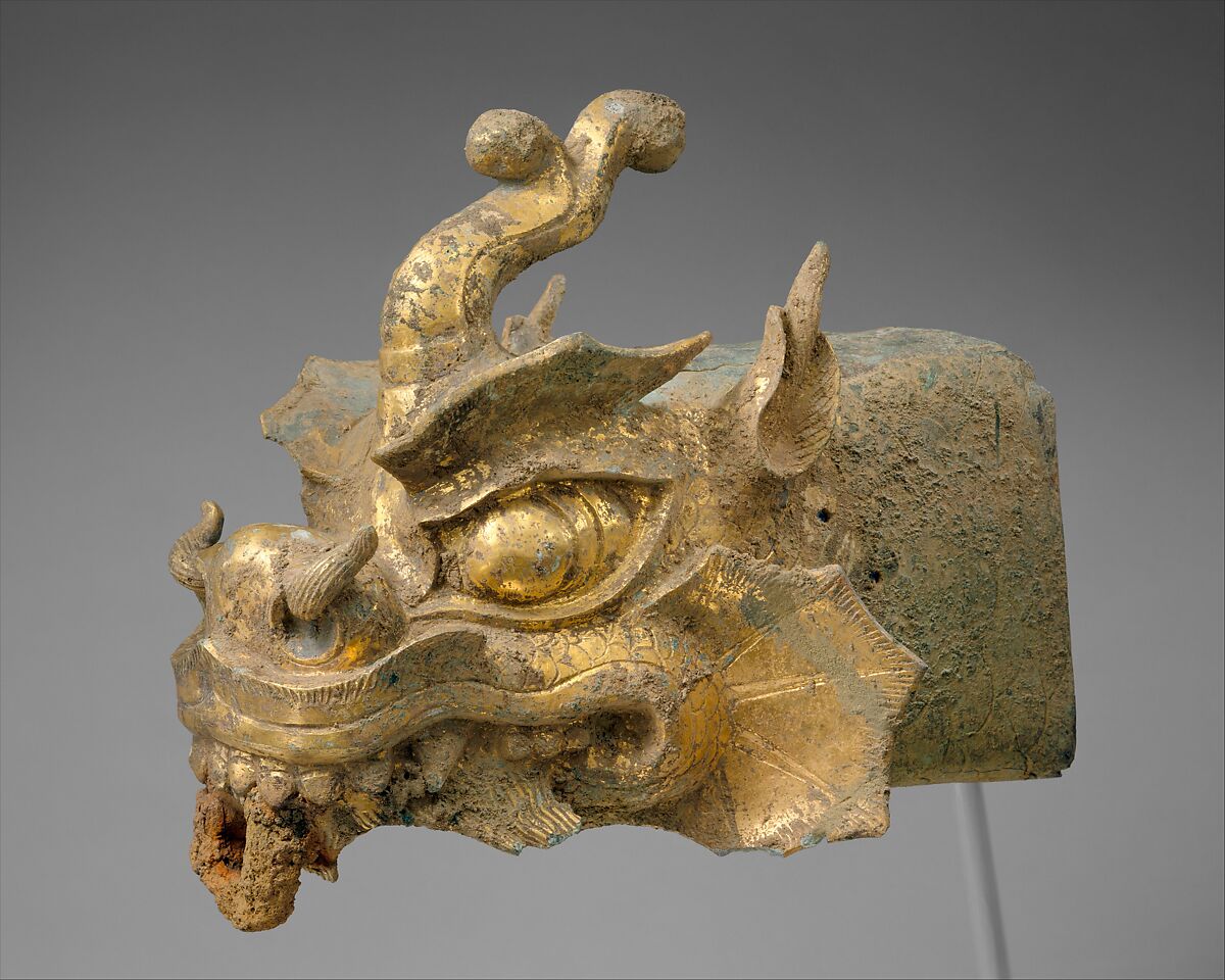 Rafter finial in the shape of a dragon’s head and wind chime, Gilt bronze, Korea 
