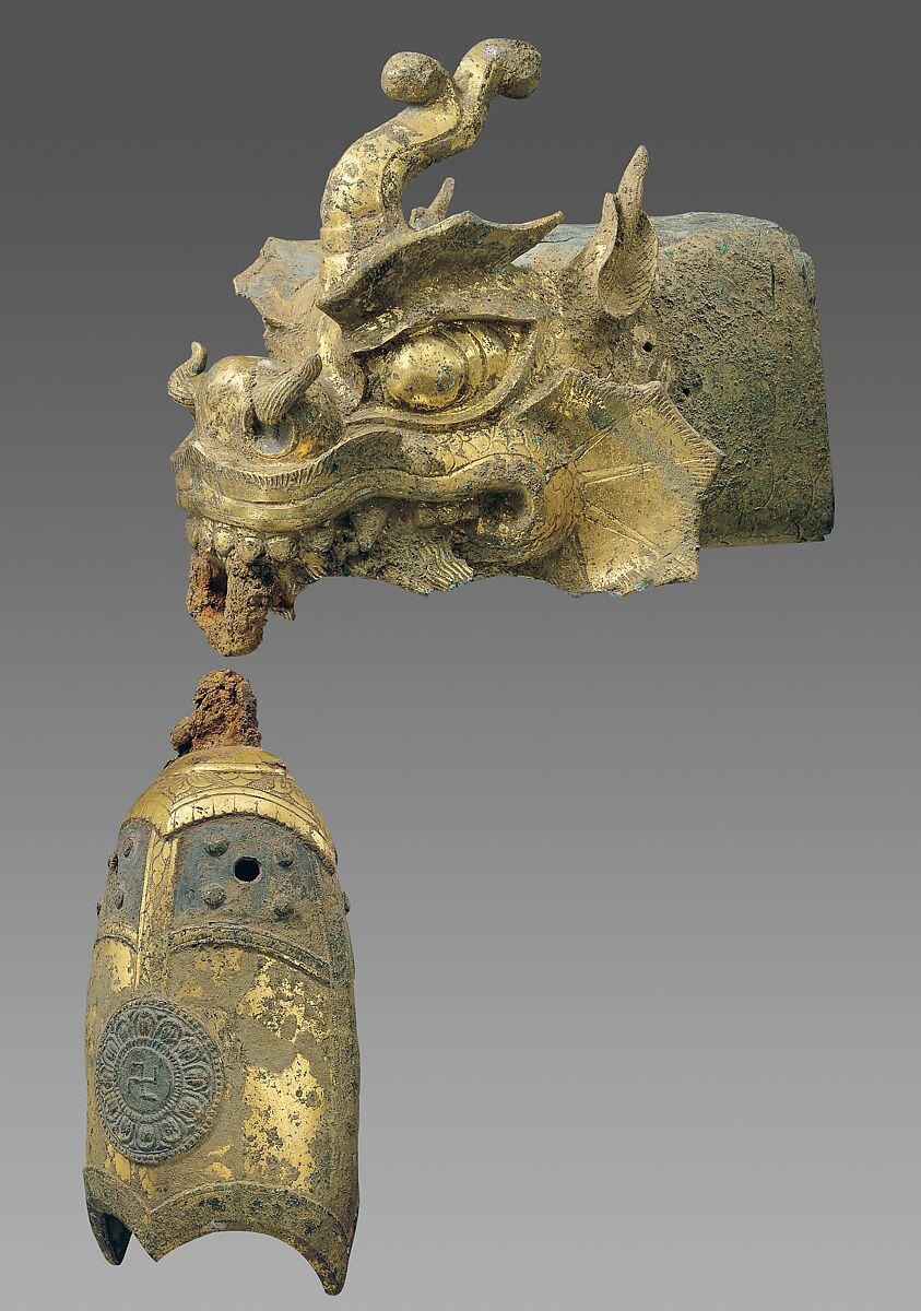 Rafter finial in the shape of a dragon’s head and wind chime, Gilt bronze, Korea