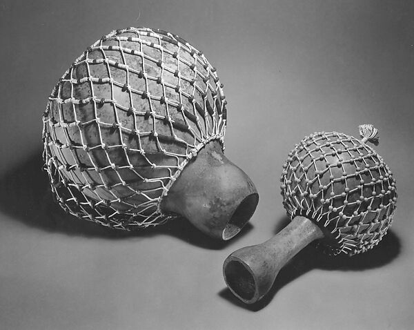 Axatse, Gourd, plastic beads, cord, Ghanaian