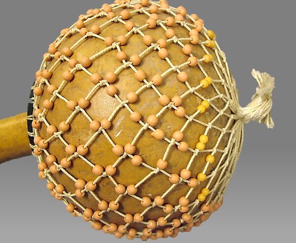 Axatse, Gourd, plastic beads, cord, Ghanaian