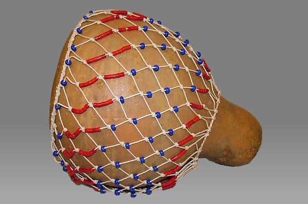 Axatse, Gourd, plastic beads, cord, Nigerian, possibly 