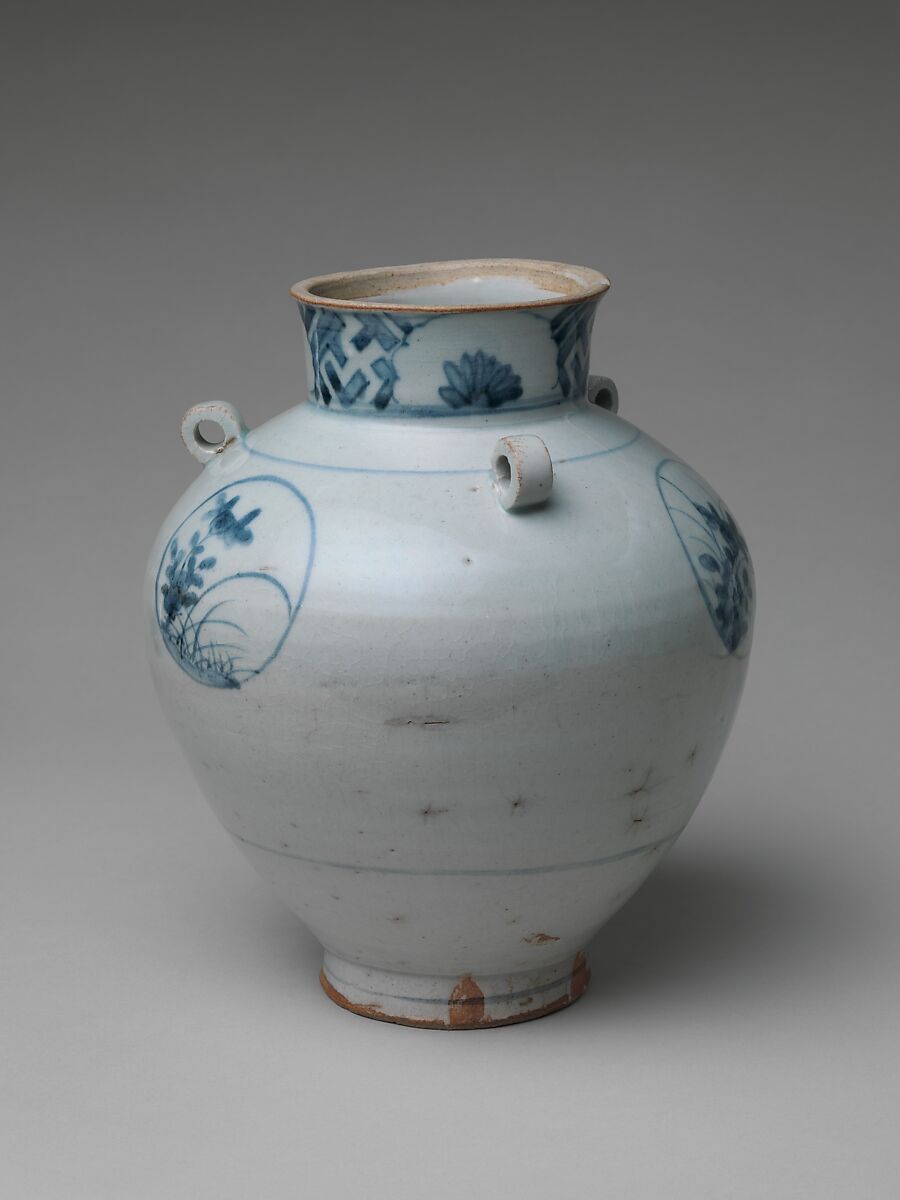 Jar (Tsubo) with Four Loop Handles and Flower Medallions, Porcelain with cobalt blue under transparent glaze (Hizen ware, Arita type), Japan