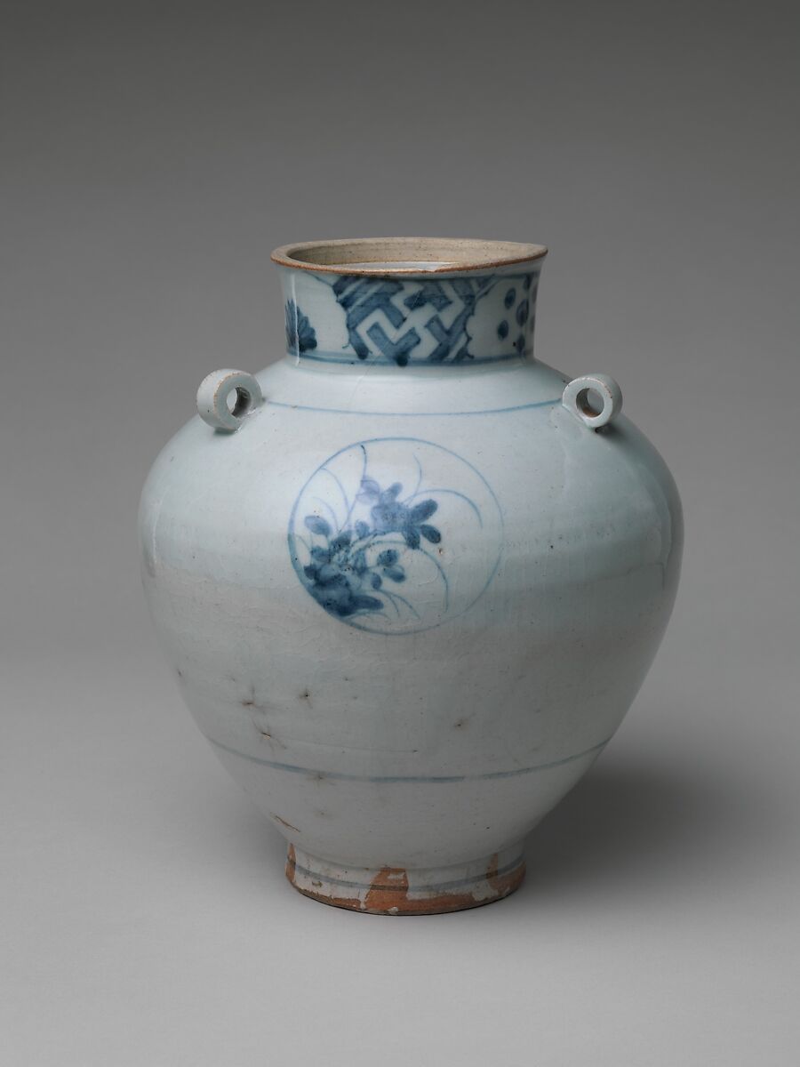 Jar (Tsubo) with Four Loop Handles and Flower Medallions, Porcelain with cobalt blue under transparent glaze (Hizen ware, Arita type), Japan