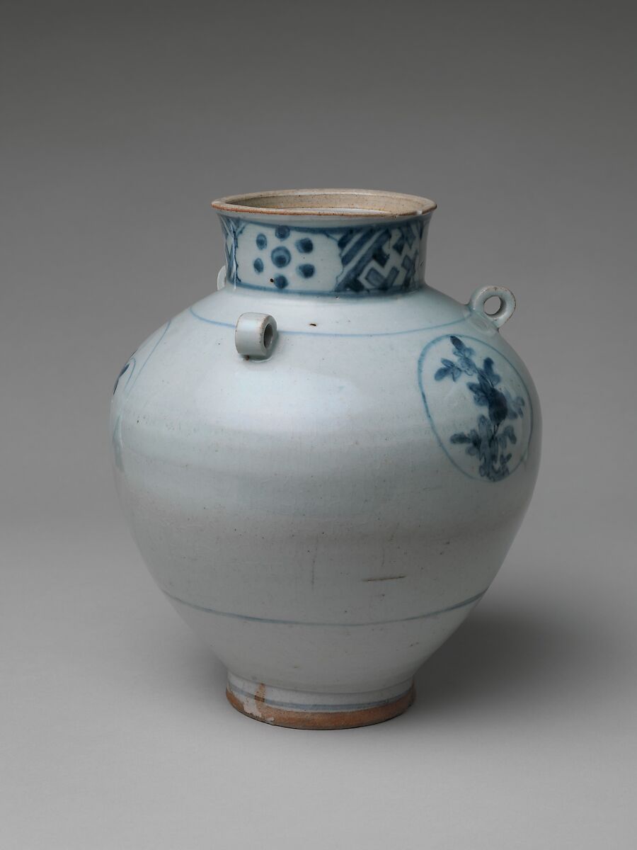 Jar (Tsubo) with Four Loop Handles and Flower Medallions, Porcelain with cobalt blue under transparent glaze (Hizen ware, Arita type), Japan