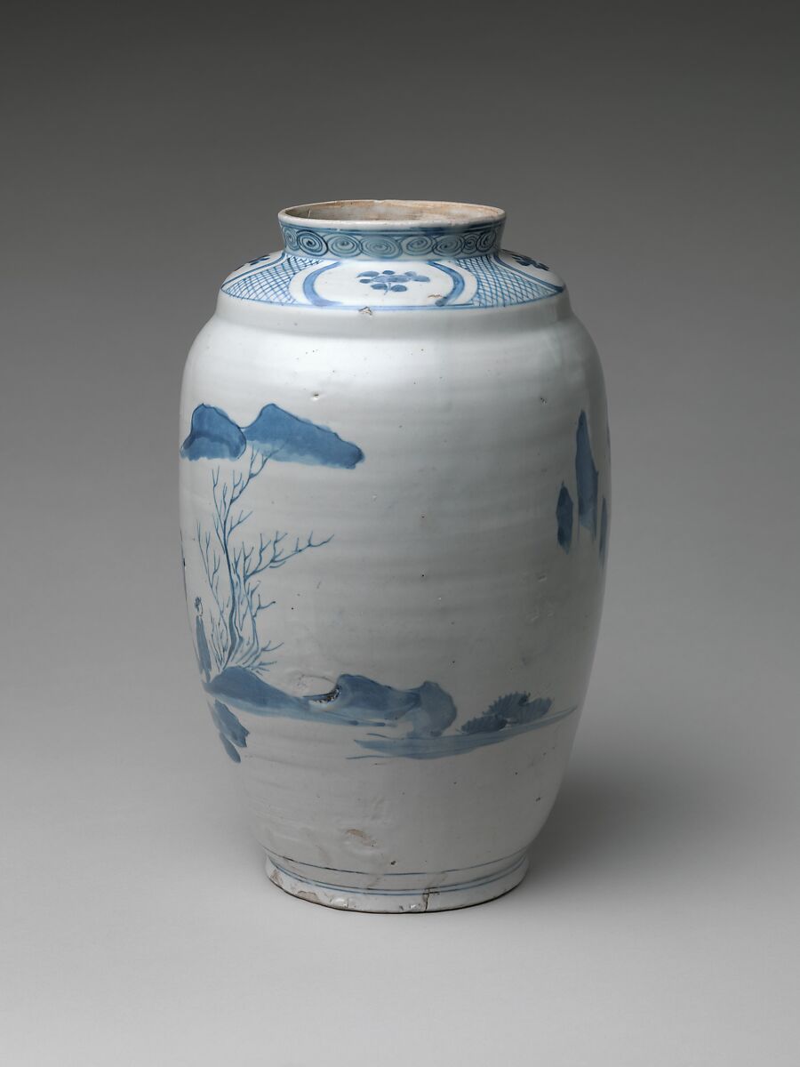 Jar (Tsubo) with Landscape and Figures, Porcelain with cobalt blue under transparent glaze (Hizen ware, Arita type), Japan