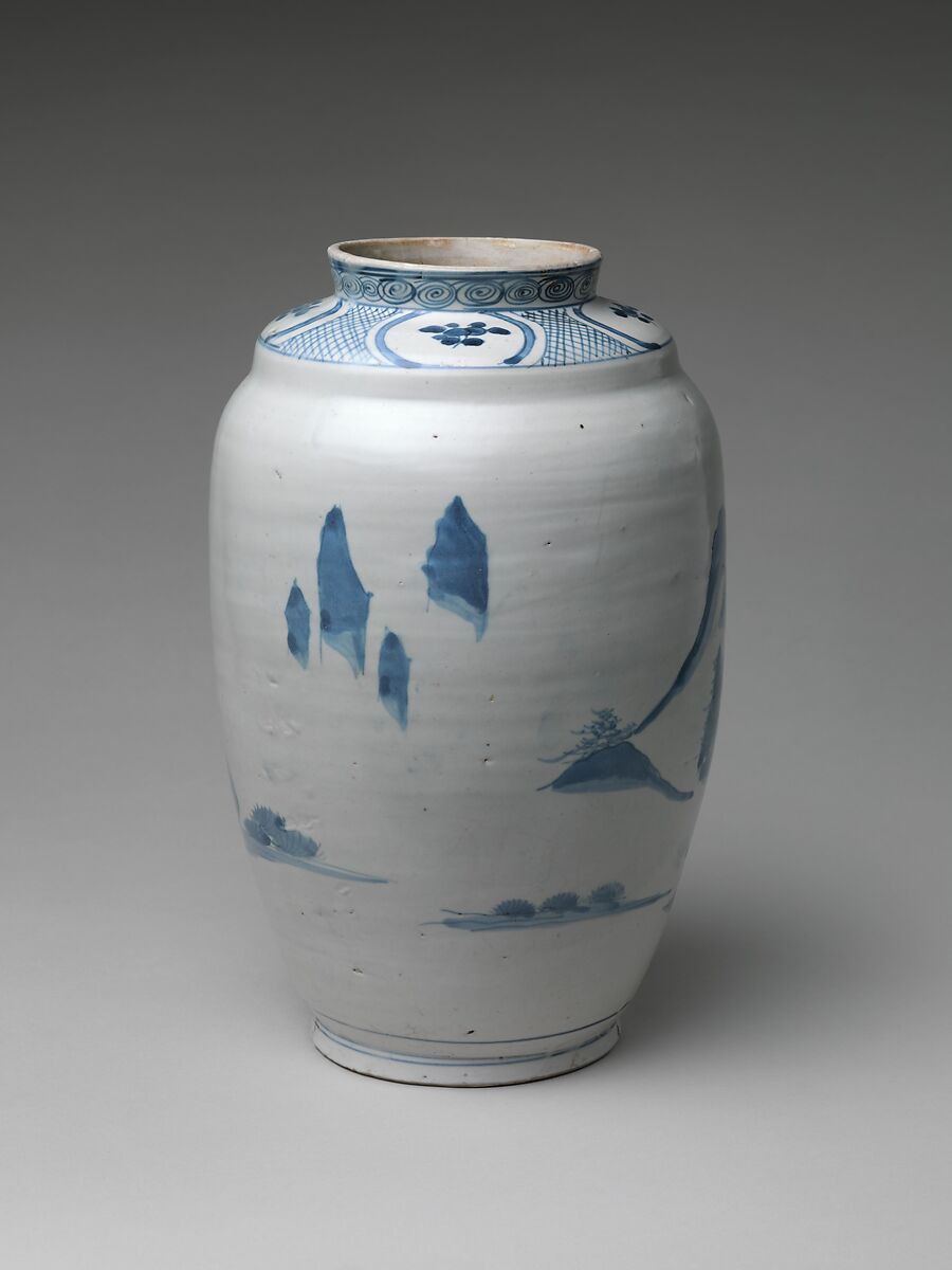 Jar (Tsubo) with Landscape and Figures, Porcelain with cobalt blue under transparent glaze (Hizen ware, Arita type), Japan