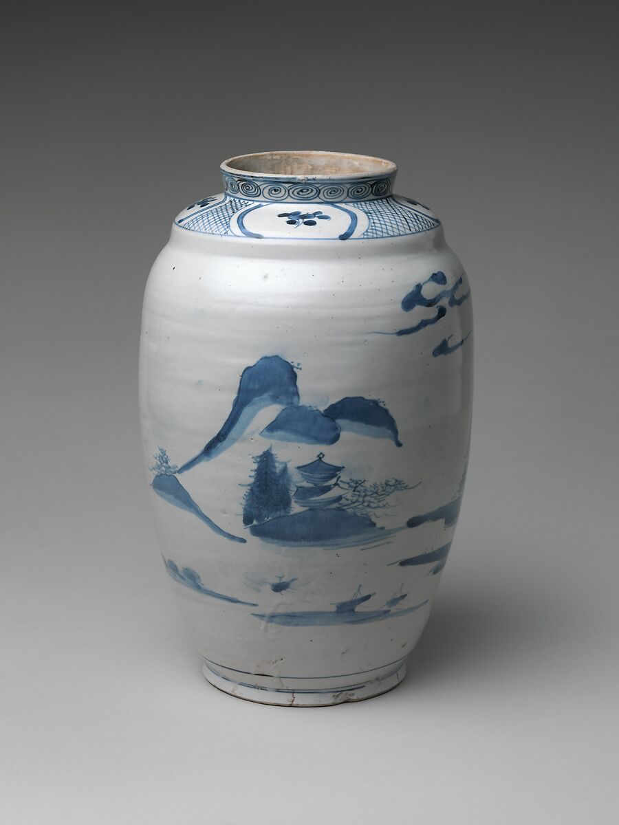 Jar (Tsubo) with Landscape and Figures, Porcelain with cobalt blue under transparent glaze (Hizen ware, Arita type), Japan