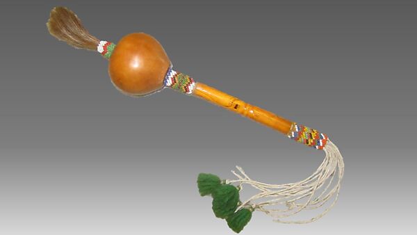 Peyote Rattle, Gourd, wood, glass beads, sinew, cotton, Native American (Osage, probably) 
